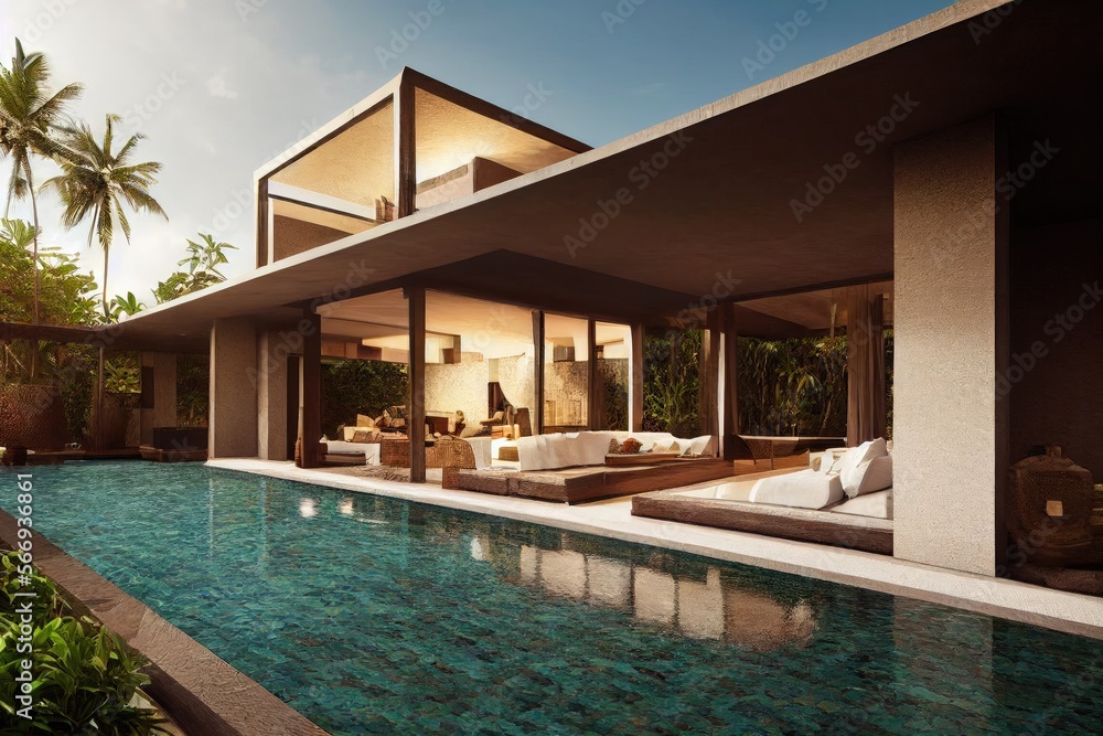 Luxury with tropical Jungle villa resort luxurious swimming pool. Generative AI illustration - obrazy, fototapety, plakaty 