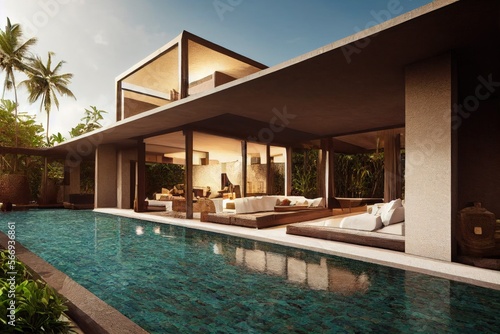 Luxury with tropical Jungle villa resort luxurious swimming pool. Generative AI illustration
