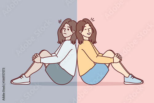 Sad and cheerful girl sit on floor with backs to each other and look at screen. Woman in casual smile after getting rid of depression or ending toxic relationship with boyfriend. Flat vector image 