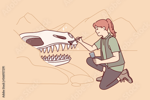 Woman archaeologist near giant dinosaur skull cleans head ancient animal with brush. Girl explorer kneeling down participates in excavation, carefully removing skeleton from sand. Flat vector design 