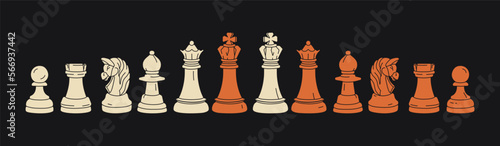 Vintage wooden chess in cartoon style. Board strategy game. Partnership or teamwork concept. Success battle competition illustration. Isolated vector icons