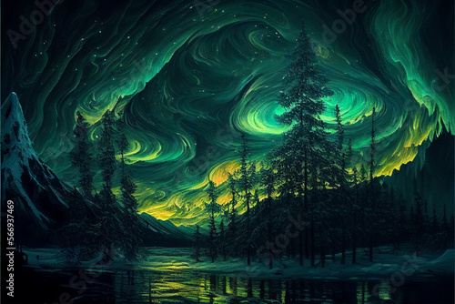 Painting of aurora borealis in the night created with Generative AI technology. Generative AI.