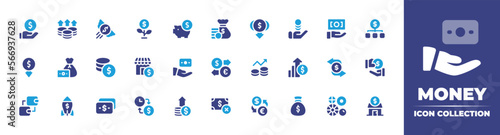 Money icon collection. Duotone color. Vector and transparent illustration. Containing loan, profits, flying money, grow, money box, fund, low cost, money, money back guarantee, and more.