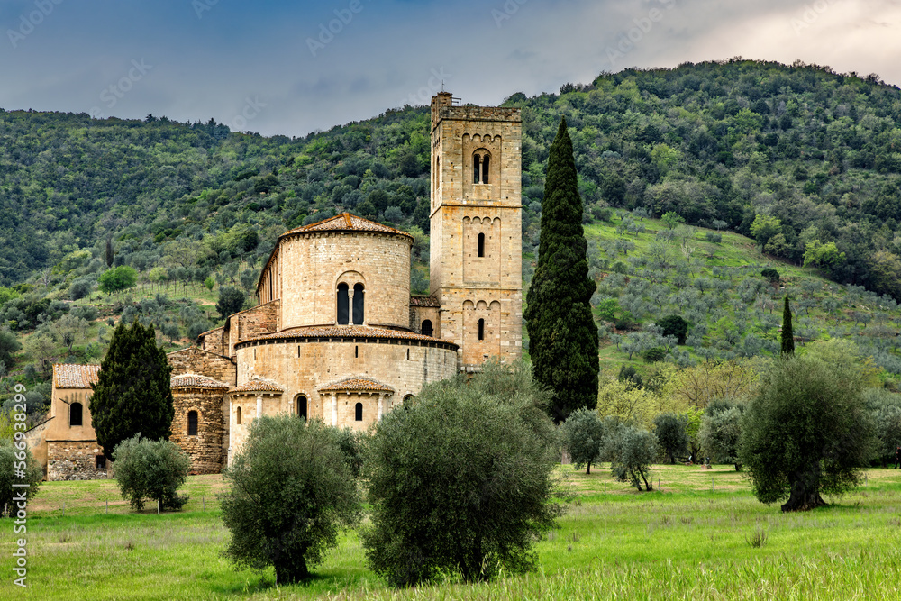 Abbey of Sant Antimo or Abbazia di Sant Antimo, a former Benedictine monastery in the Val d'Orcia in Tuscany, Italy.