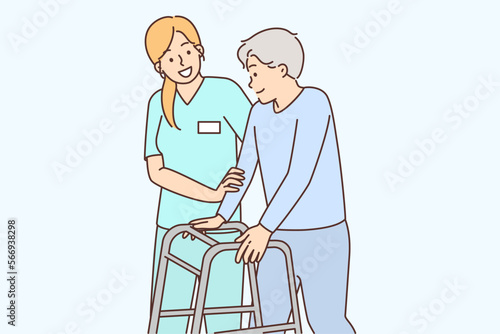 Woman caring for elderly human leaning on stilts for people with disabilities
