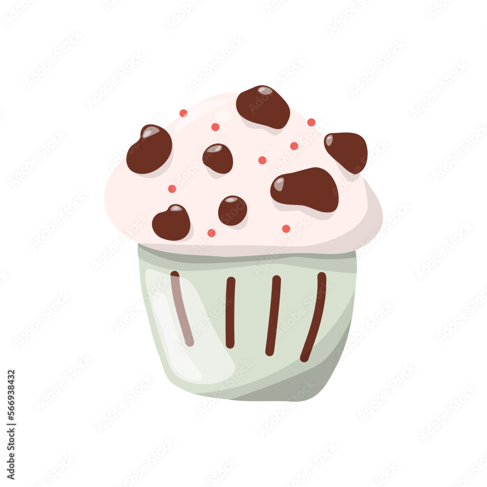 Vector illustration cupcakes with chocolate drops. In pink glaze. In hand- drawn style. Stock image. Vector illustration cupcakes with chocolate drops. In pink glaze. In hand- drawn style. Stock image.
