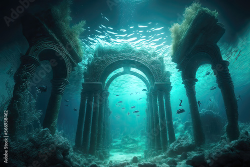 Atlantis, the lost underwater city. Generative AI illustration.