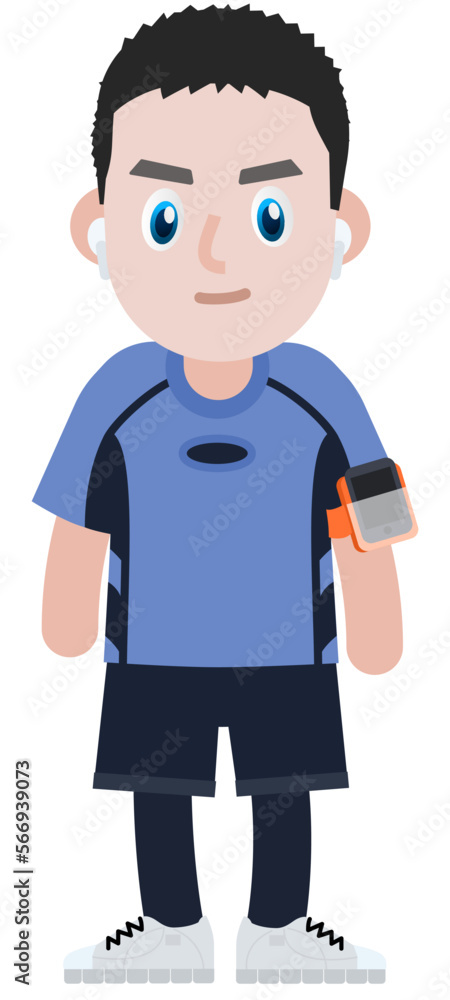 young man cartoon runner with a phone on his shoulder