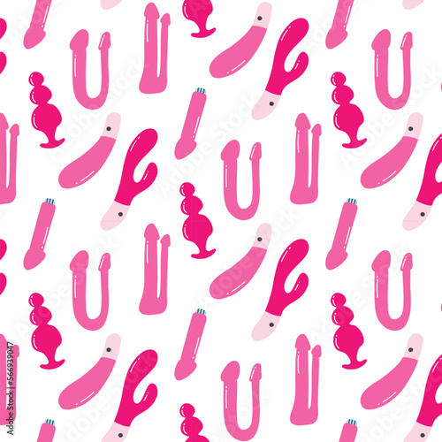 Seamless pattern with vibrators. Print for sex shop. Pattern with sex toys. Vector illustration. Flat style. Toys for adults.