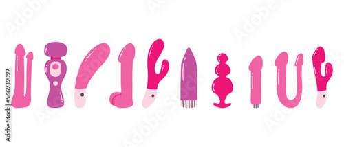 Set of sex toys. Collection of toys for adults. Vector illustration. Flat style. Sex shop set. Set of erotic elements.