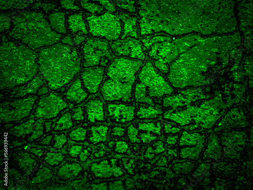 Old cracked asphalt, big green vector grunge background created by nature. Unique wallpaper. For screen, desktop, website design, overlay, stencil, stylization, design, polygraph. Good texture