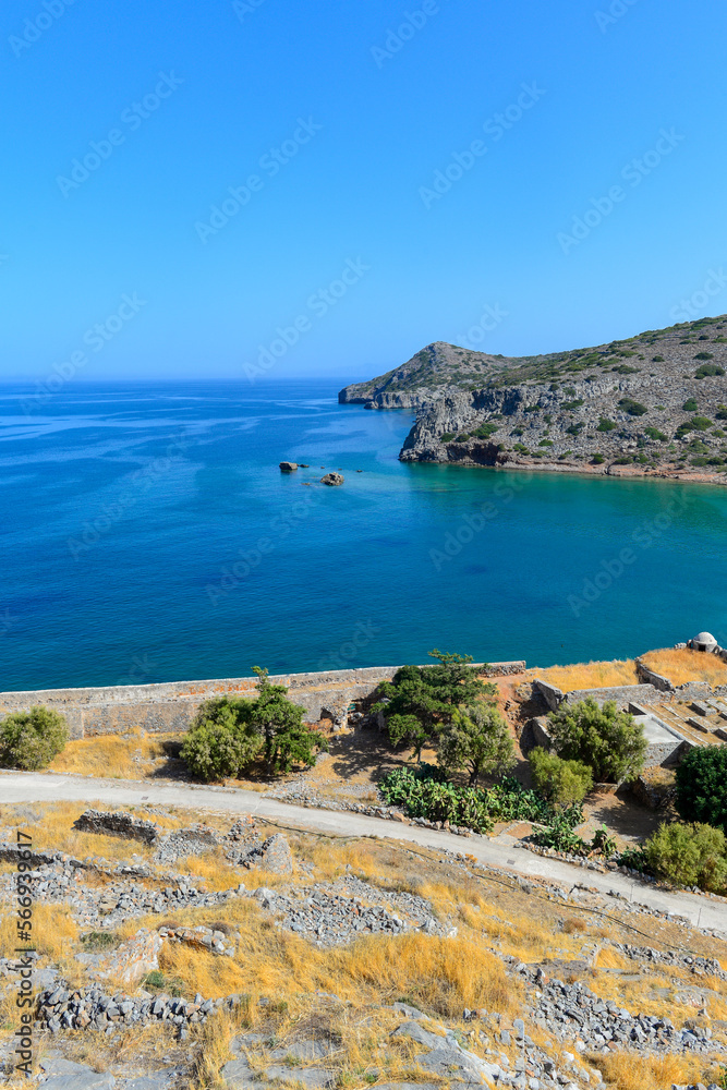 Blick von der Festung Spinalonga (Kalydon) auf die Halbinsel, Agios Nikolaos, Kreta (Griechenland)
