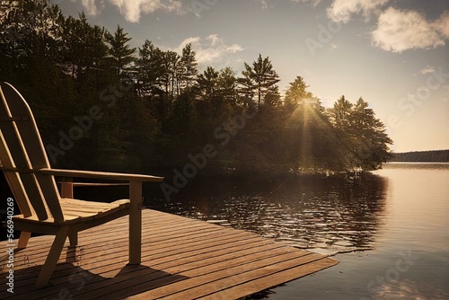 Valokuva Adirondack chair sitting on a cottage wooden deck facing a calm lake during a summer day in Muskoka, Ontario Canada