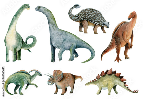 Watercolor herbivores dinosaurs illustrations, Brachiosaurus, Ankylosaurus, Triceratops, Stegosaurus, Parasaurolophus © Elena Malgina
