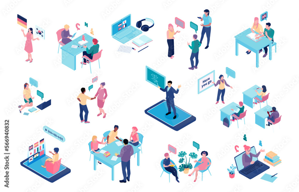 Fototapeta premium Language School Isometric Color Set