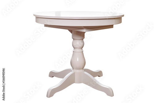 Round white table in retro style, isolated on a white background, isolated on a white background. Vintage dining round table, close-up