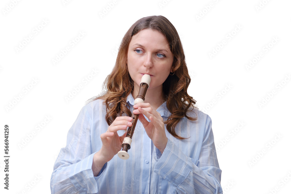 Portrait of an adult female musician in blue clothes, isolated on a white background Portrait of an adult female musician in blue clothes, isolated on a white background
