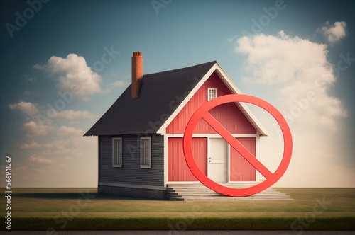 3D Rendered House with Red Circle Stop Sign housing crisis, generative ai