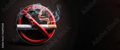 3D illustration of a no smoking sign with a red circle around a cigarette with smoke, copy space, generative ai