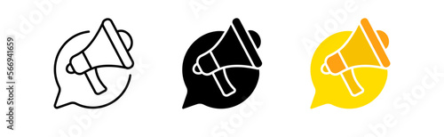 Loudspeaker icon set. Announcement, speech bubble, media, news, notifications, alert, siren, sound, business, record, bullhorn, megaphone. information concept. vector line icon in different styles