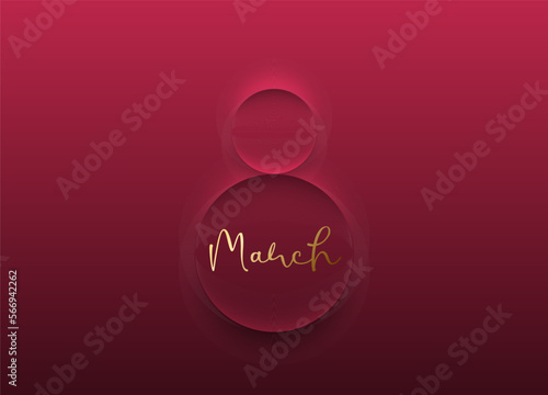 Minimalist pink red soft 3D 8 shape abstract frame design. March golden text. 8 march day vector design illustration. Geometric minimal Women's Day holiday poster, greeting card, paper cut banner