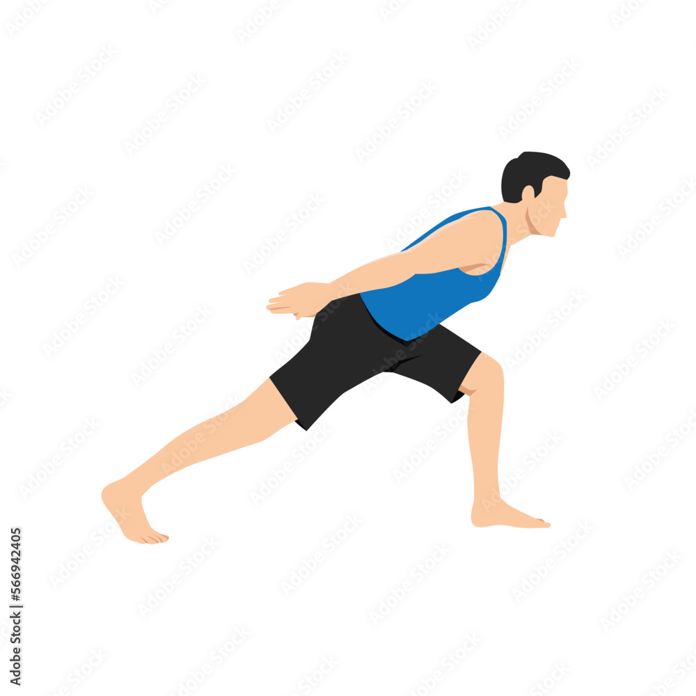 Man doing high lunge to forward bend with hands folded on the back exercise. Flat vector illustration isolated on white background. Man doing high lunge to forward bend with hands folded on the back exercise. Flat vector illustration isolated on white background.