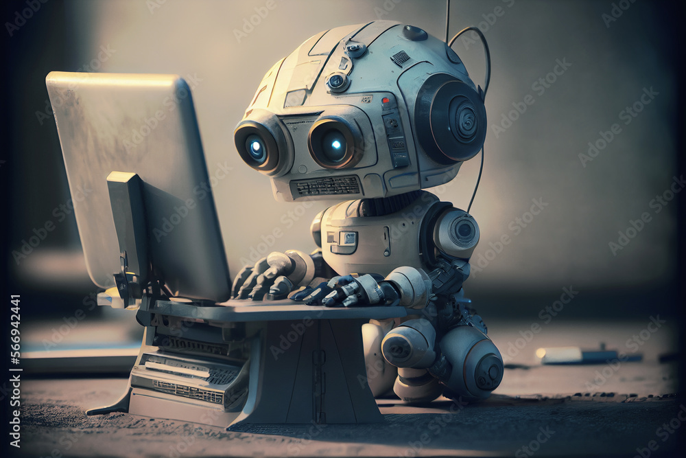 cute retro robot as AI chatbot typing on computer generative AI Stock