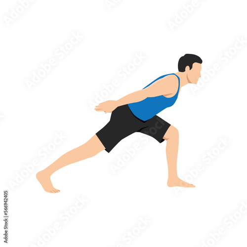 Man doing high lunge to forward bend with hands folded on the back exercise. Flat vector illustration isolated on white background.