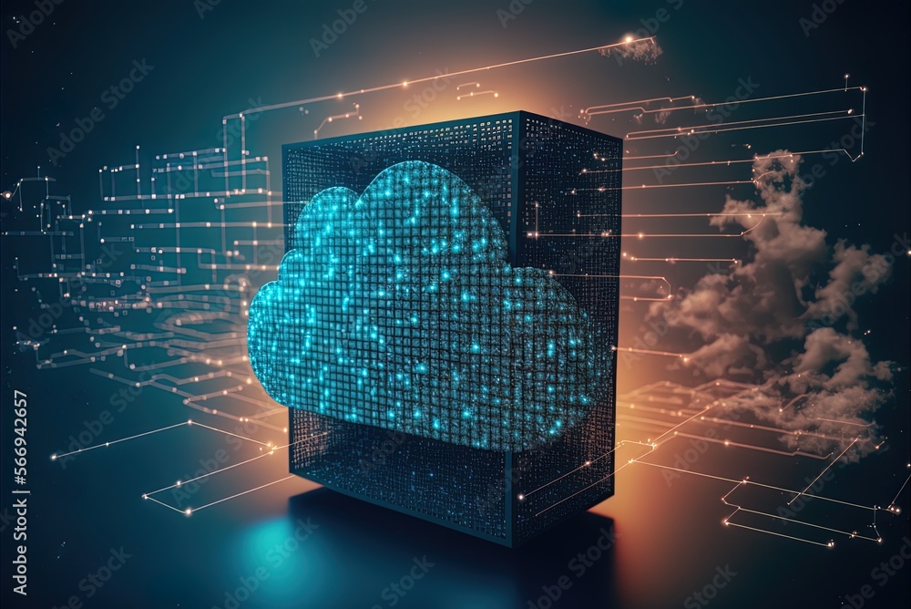 Against a futuristic blue digital grid, a cloud upload sign represents ...