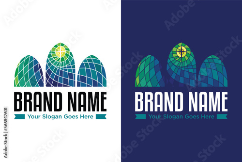 church interior stained glass window illustration logo design