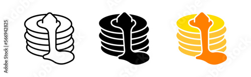Pancakes icons set. Cook, breakfast, cook, butter, taste, sweet, jam, coffee, lunch, dessert, thin, bakery, recipe. Food concept. Vector line icon in different styles