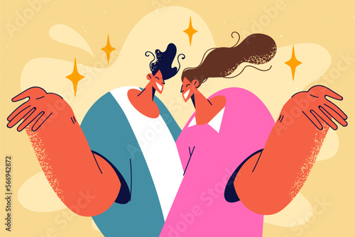 Smiling couple make hand gesture pose together 