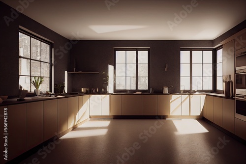 Modern Contemporary kitchen room interior. warm tone. Generative AI illustration.