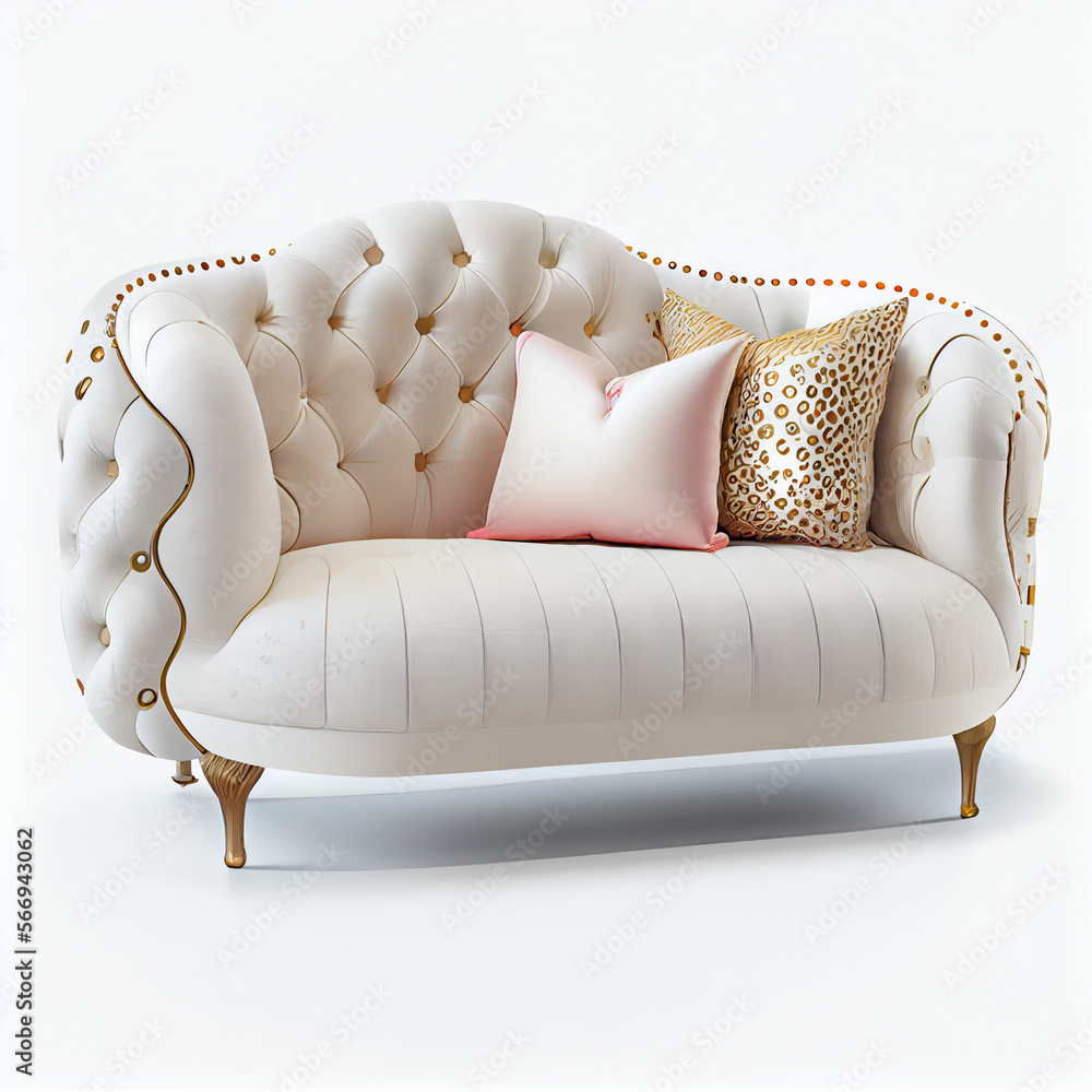 Gray Cozy Sofa Isolated. TwoSeater Loveseat with Upholstery Seat & Spread Throw Pillows. Modern