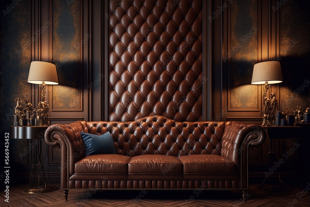 This traditional living room wallpaper has a Chesterfield couch and is a perfect example of an