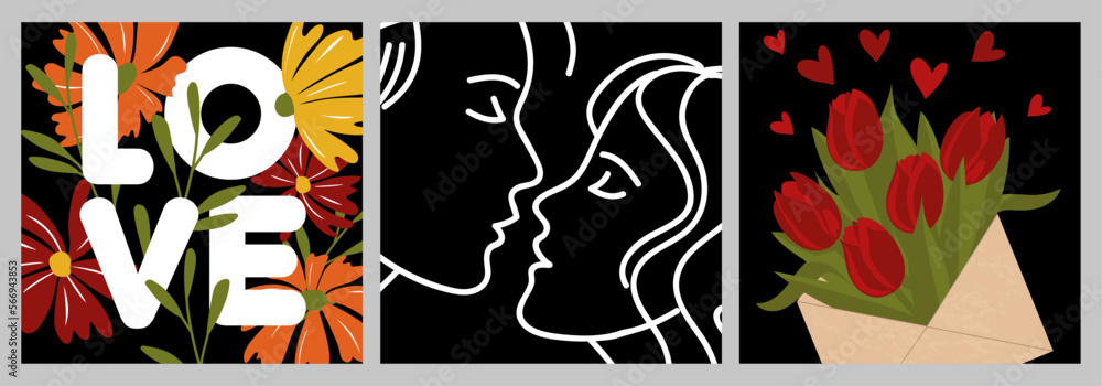 Valentine's Day greeting cards. Floral patterns, contour drawing of abstract faces on a black background. For publications on social networks, mobile applications, advertising, web.