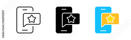 Feedback icon set. Business, rating, smartphone, speech bubble, product, rating, star, comment, popularity, quality, service, work, review. Services concept. Vector line icon in different styles