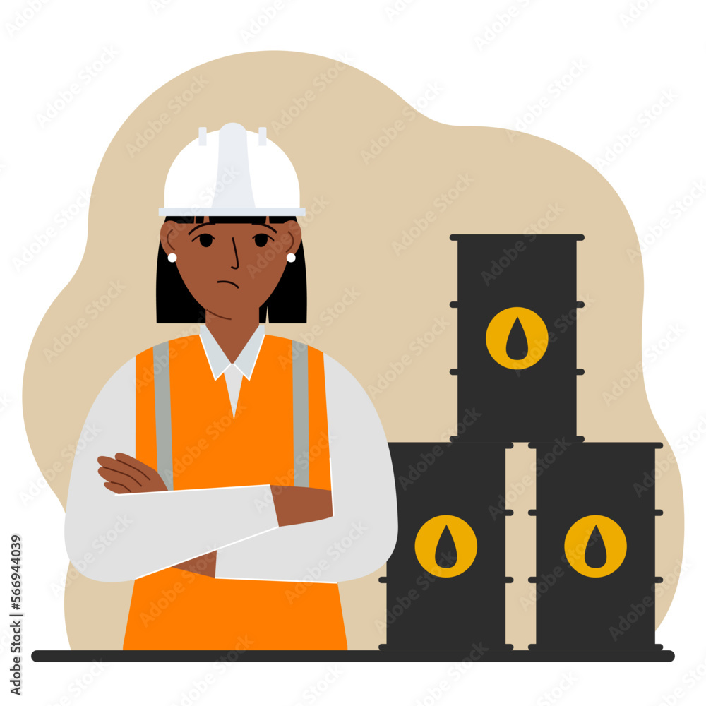 Oil barrels and a sad oilwoman. Oil industry and worker or engineer in special clothes and helmet.