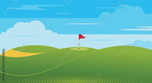 Golf game background. Golf course with flags, sand bunker and greens.