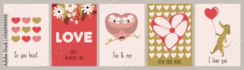 Valentine s Day greeting cards. Painted illustrations with hearts  flowers  words and a dog. For publications on social networks  mobile applications  advertising  web.