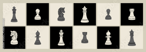 Chess game training. Black and white figures on chessboard. Home hobby for child or adults. Strategy or intelligence skills development concept. Leisure activities illustration. All items are isolated