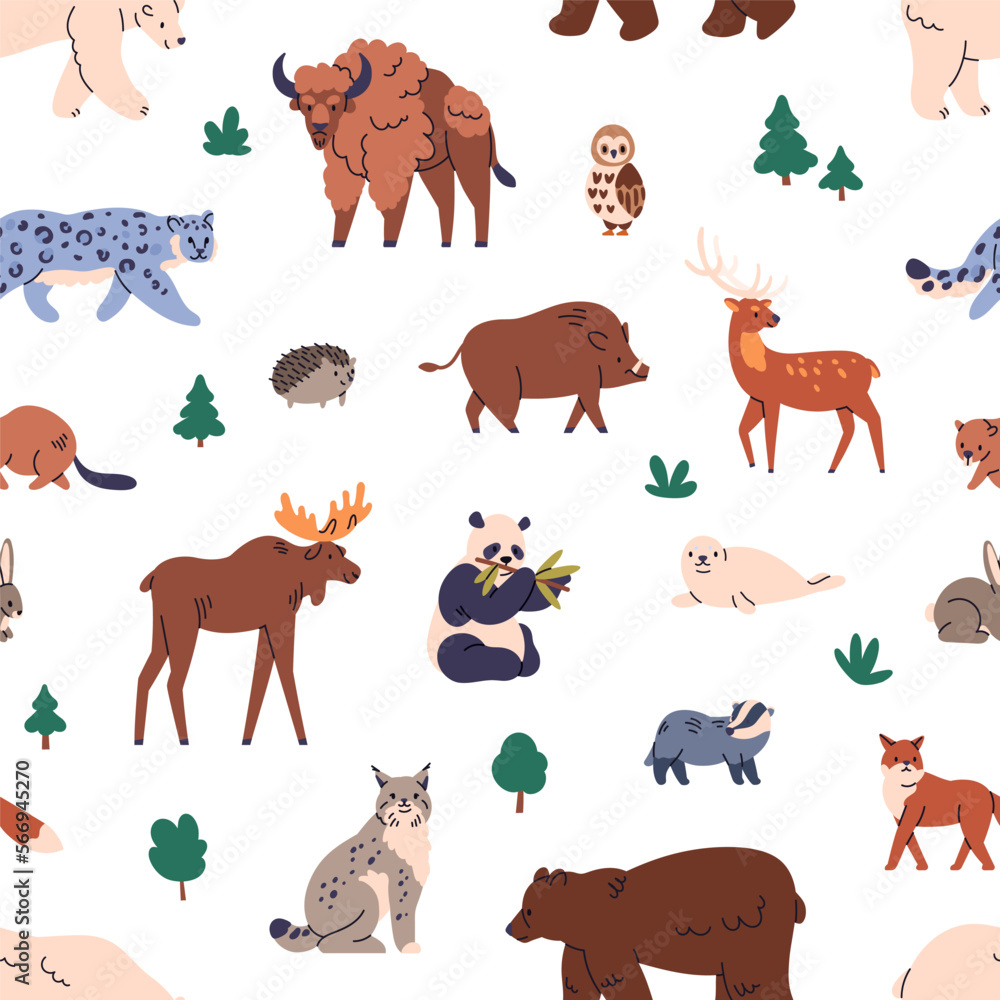 Seamless pattern, wild animals. Endless fauna background design, repeating print. Repeatable wildlife, beasts texture, bison, elk, panda, bear, boar. Flat vector illustration for textile, fabric Seamless pattern, wild animals. Endless fauna background design, repeating print. Repeatable wildlife, beasts texture, bison, elk, panda, bear, boar. Flat vector illustration for textile, fabric