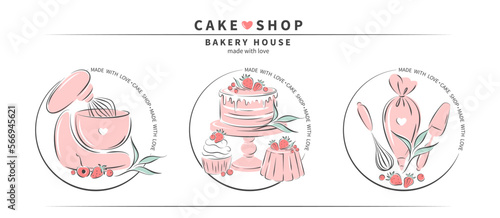 Cake shop logo. Set of design for pastry and bread shop.Planetary stationary dough mixer, kitchen tools and cakes and berries. Vector illustration