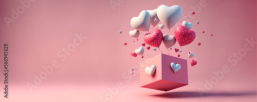 Foto valentines day concept 3D heart shaped balloons flying with gift boxes on pink background
