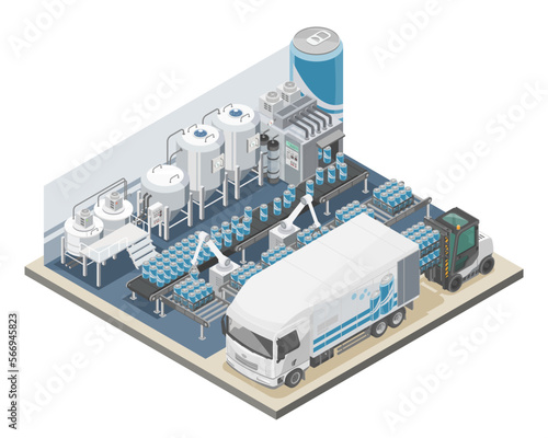 Production of Soft Drink Produce Factory usd robot arm with logistic truck CPG industry cartoon Concept Consumer Packaged Goods food and drink isometric in blue color isolated illustration 