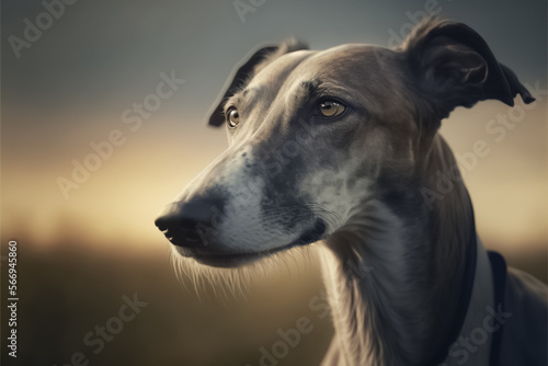 Portrait photo of an adorable Greyhound dog. Greyhound closeup view. Confident purposeful Dog looking left. Field around. A beautiful dog photo for advertises. generative AI 