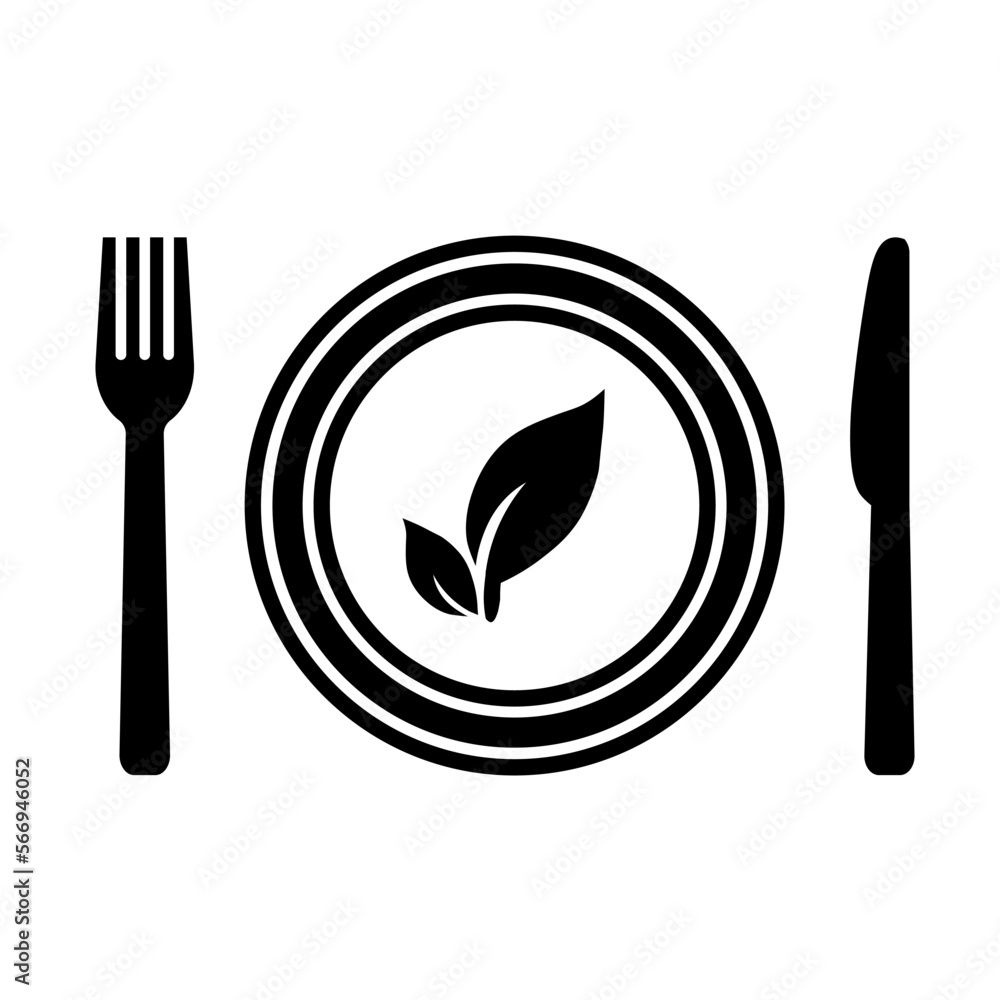 Healthy food icon in flat. Vegan salad on plate symbol on white. Plate, fork with knife and leaf sign. Simple nutrition for vegetarian restaurant Row food symbol. Organic fresh eat Vector illustration Healthy food icon in flat. Vegan salad on plate symbol on white. Plate, fork with knife and leaf sign. Simple nutrition for vegetarian restaurant Row food symbol. Organic fresh eat Vector illustration