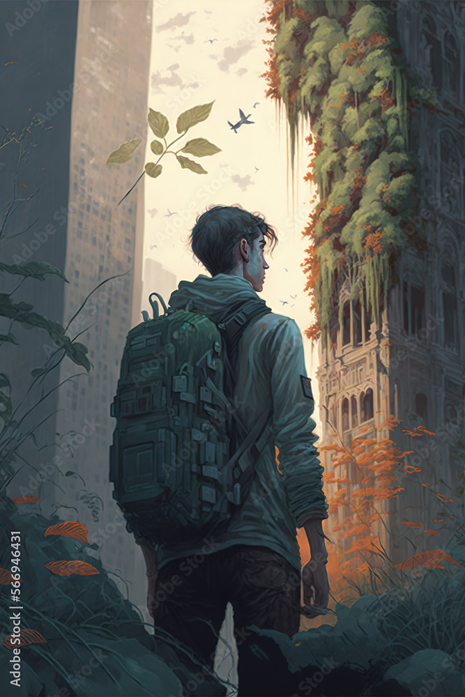 modern concept artwork of a person wandering through an abandoned apocalyptic city overgrown by plants