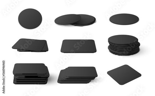 Black coasters for beer round and square drinks supports for pub bar set realistic vector