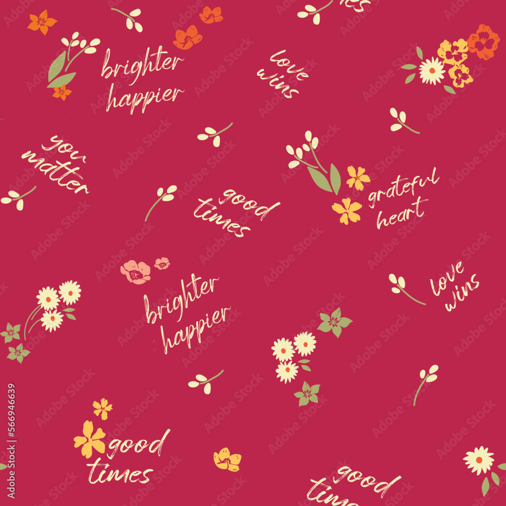 Spring, summer, conversational, typographic, seamless pattern tags, positive quotes slogans,  fabric, tshirt, sweatshirt, packaging, textile, girls, women, kids, viva magenta, color of the year, 2023